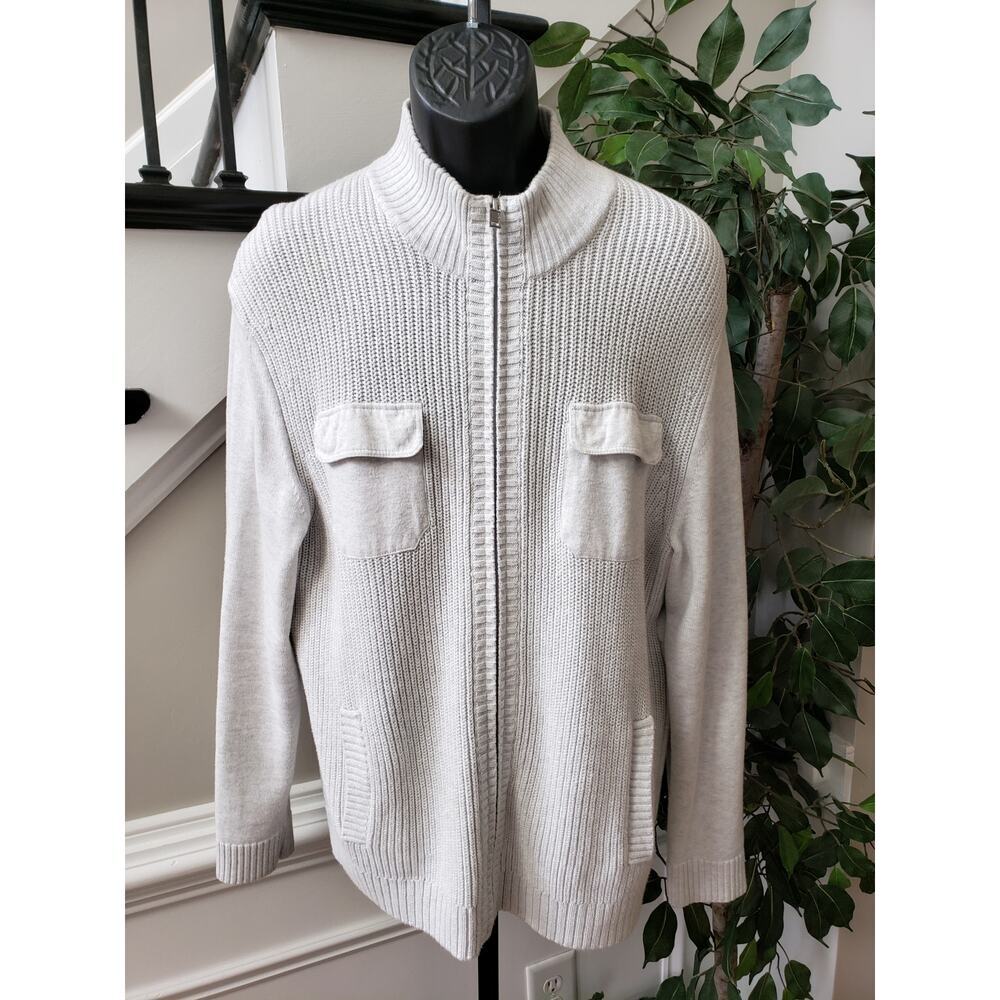 Alfani Cardigan Sweater Men's Large‎ White Knit 100% Cotton Long Sleeve Full Zip